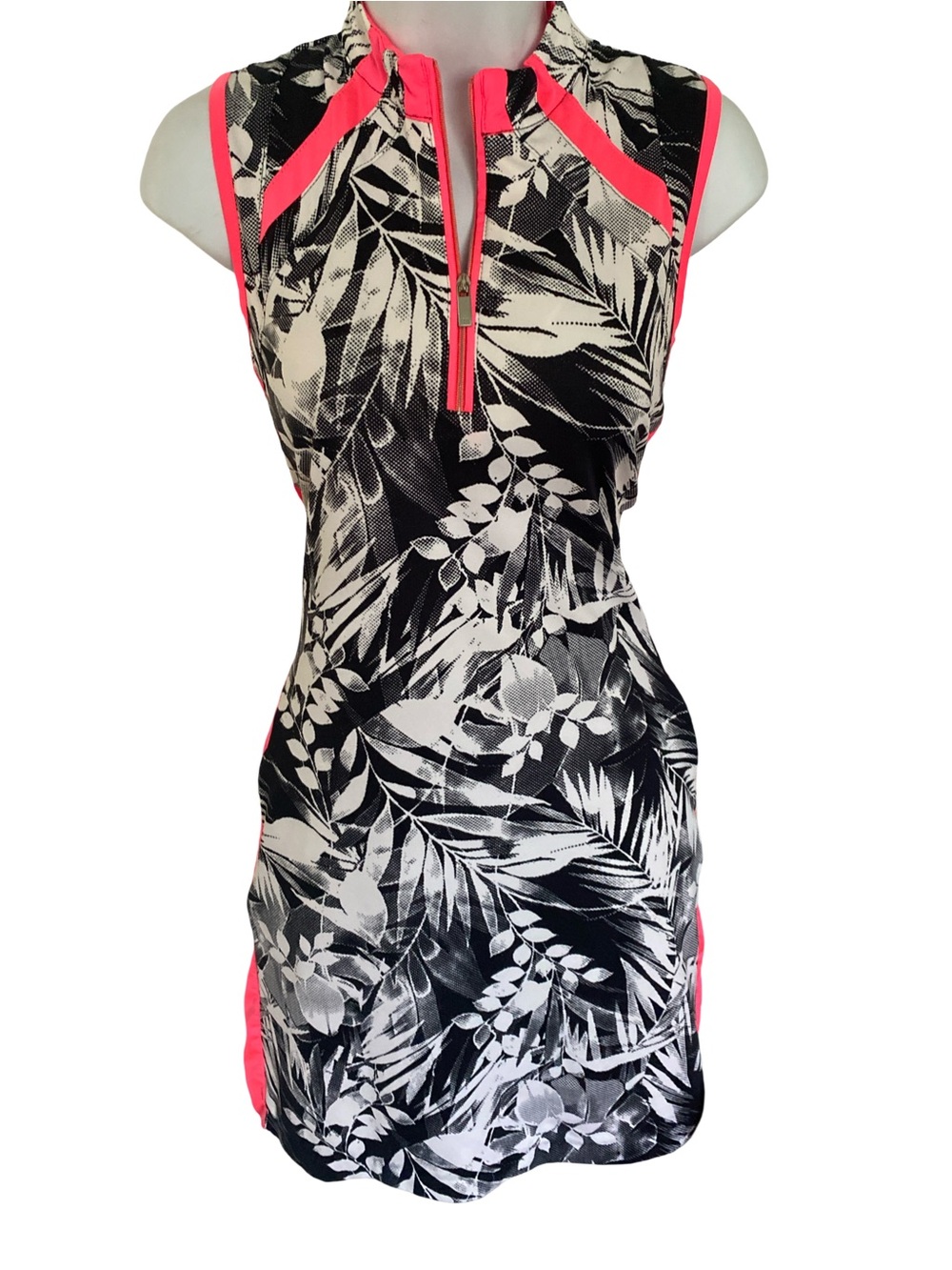 Tail Black & White Tropical Print Swim with Pink Trim- S